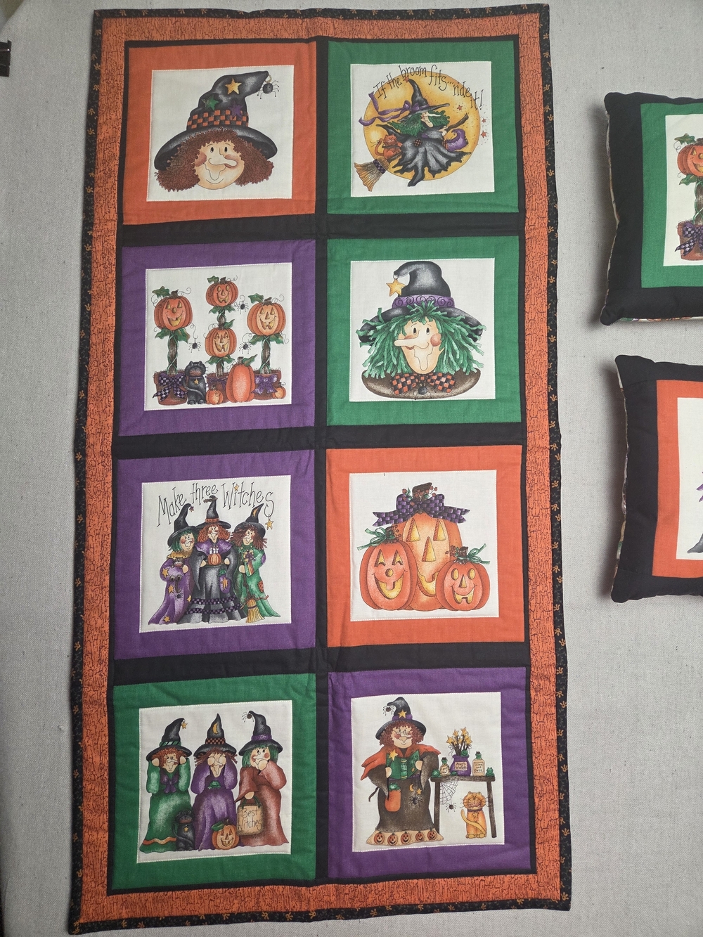 Hand Crafted Halloween Patchwork Panel Banner - Orange, Green, Purple, Black